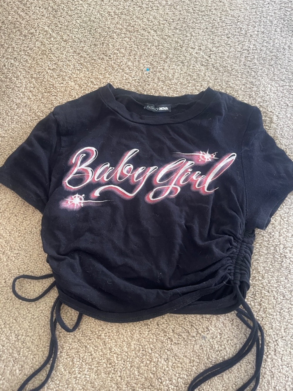 Fashion Nova Black Tee with Pink "Baby Girl" Script and Side Ruching